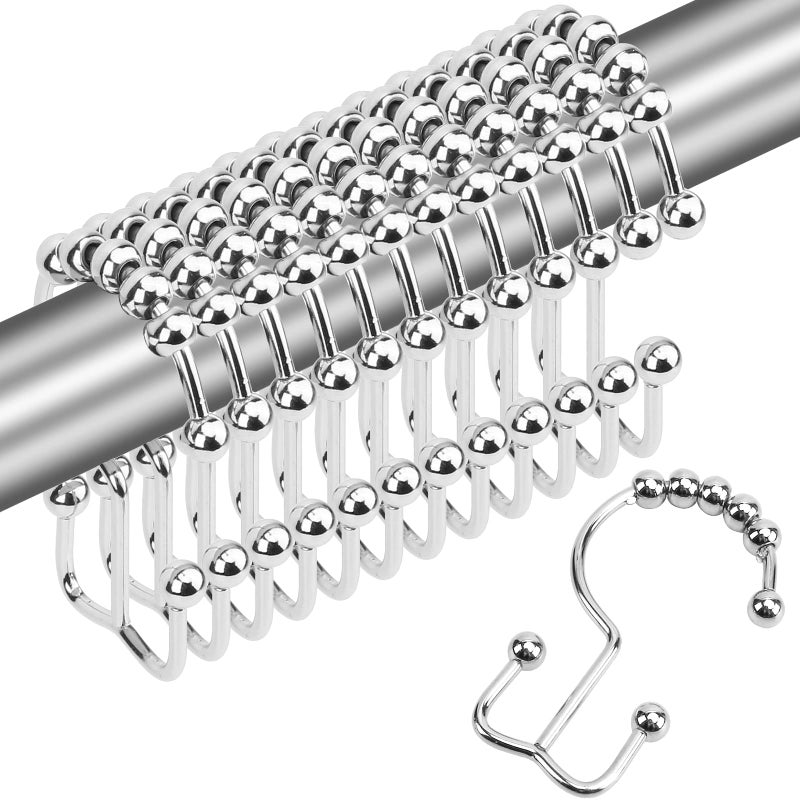 Gidse Shower Curtain Hooks Sturdy Stainless Steel Double Sided Shower Hooks Rings for Bathroom Shower Curtain Rods Curtains Set of 12 Hooks - Chrome - Image 1